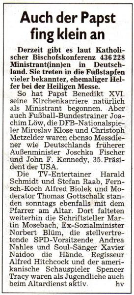 Eine Notiz der Nordbayerischen Nachrichten vom 09.04.2009 �ber ber�hmte Ministranten