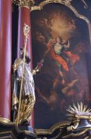 Augustinus mit dem brennenden Herzen und der zum Licht Gottes deutend über den Satan hinwegschreitend Altar bild  von Joh. Scheubel 1741 in St. Michael Neunkirchen a.Br.