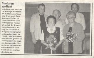 Verabschiedung nach fast 15 jahren Leitung 
  �kumenischen Seniorenkreis Theisenort, 
  (von links)Josef Gr�nbeck, Anna Kraus, Max Kraus, Dora Kassmann, Pfarrer Hartmann
